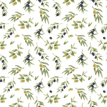 Seamless pattern with Olive branches watercolor drawing. Hand drawn illustration with leaves isolated on white. Food of mediterranean cuisine
