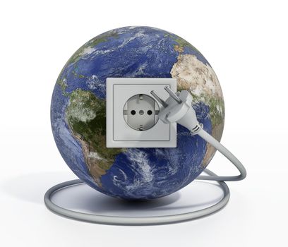 Earth with power socket and plug. 3D illustration.