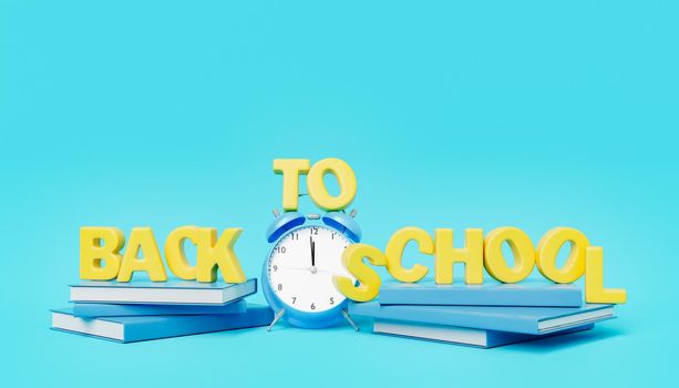 3D illustration of yellow Back To School inscription on stack of books and alarm clock against blue background