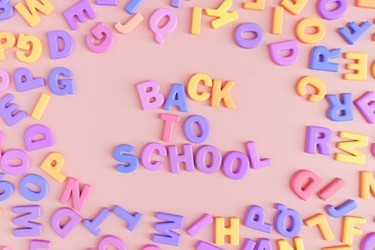 Top view 3D illustration of Back To School inscription made with colorful plastic letters scattered on pink background
