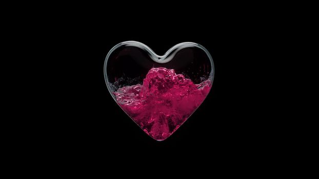 3d render a glass container in the form of a heart is filled with liquid with on a black background in 4k