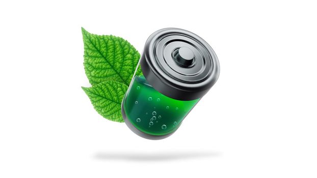 3d render Ecological battery is filled with green liquid with green leaves on a white background in 4k