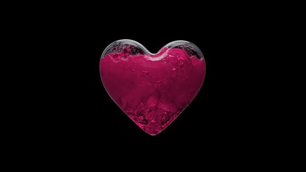 3d render a glass container in the form of a heart is filled with liquid with on a black background in 4k