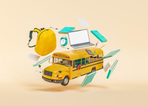 3D rendering of yellow school bus with abundance of study supplies with books and laptop with stationery and backpack on beige background