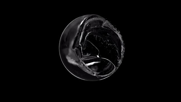 3d render water with waves splashing inside the ball slow motion on a black background in 4k