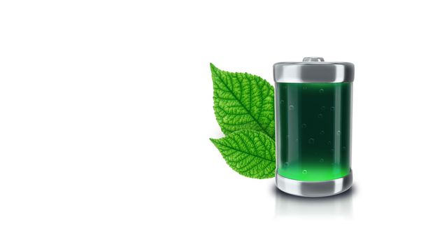 3d render Ecological battery is filled with green liquid with green leaves on a white background in 4k