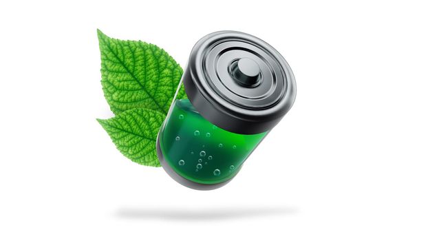 3d render Ecological battery is filled with green liquid with green leaves on a white background in 4k