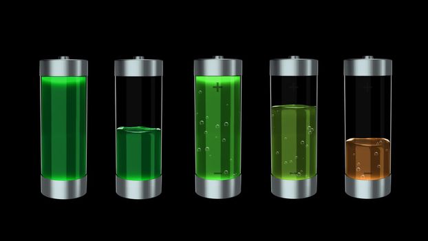 3d render Ecological battery charge with green liquid charging level indicators a black background in 4k