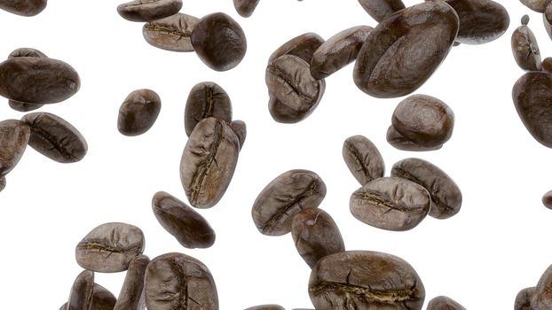 3d render Falling coffee grains on a white background 4K