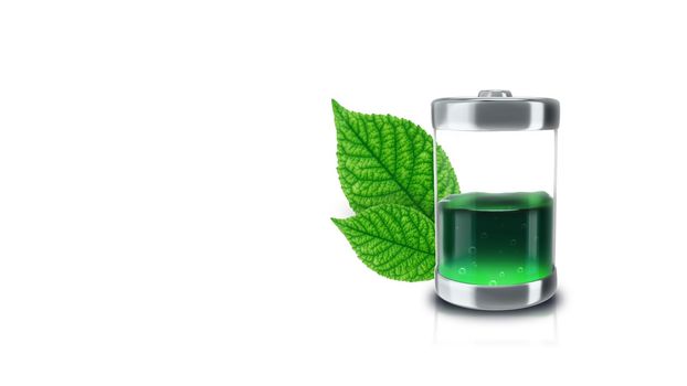 3d render Ecological battery is filled with green liquid with green leaves on a white background in 4k