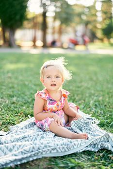 Little girl sitting on a blanket in the park. High quality photo
