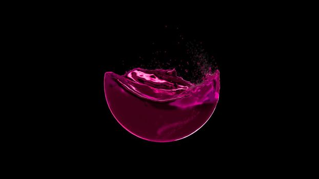 3d render water with waves splashing inside the ball slow motion on a black background in 4k