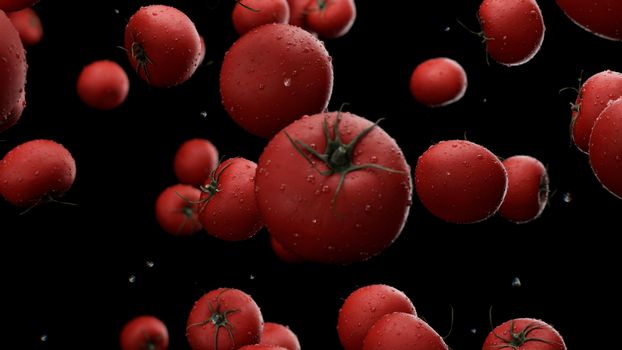 3d rendering Falling tomatoes with water drops 4K