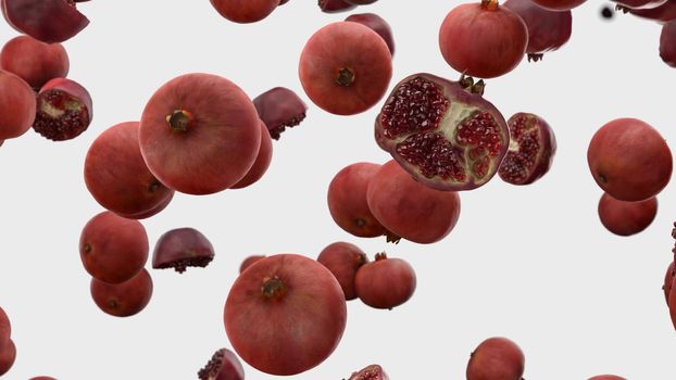 3d rendering Falling pomegranate on a white background 4K