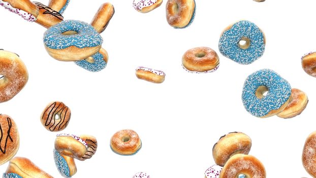 3d render Falling donuts with on a white background 4K