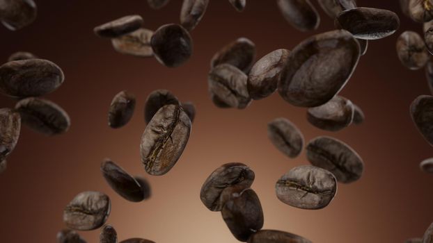 3d render Falling coffee grains on a brown background 4k