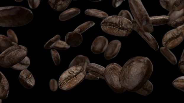 3d render Falling coffee grains on a black background 4k