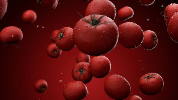 3d rendering Falling tomatoes with water drops on a red background 4K