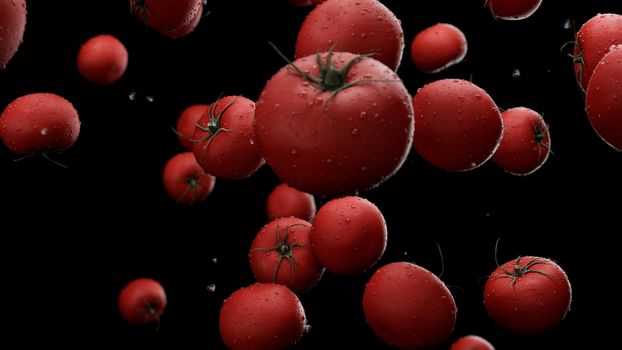 3d rendering Falling tomatoes with water drops 4K