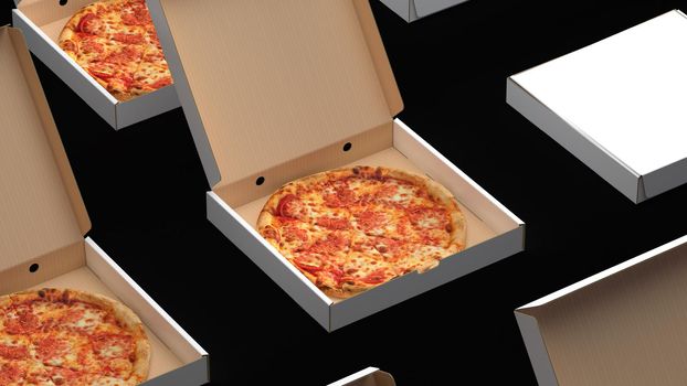 3d render Conveyor is boxed pizza 4k