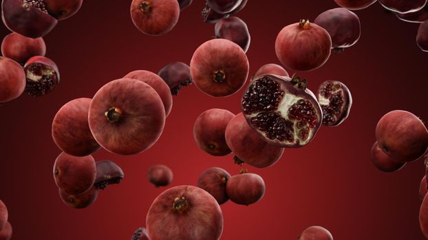 3d rendering Falling pomegranate on a red background 4K