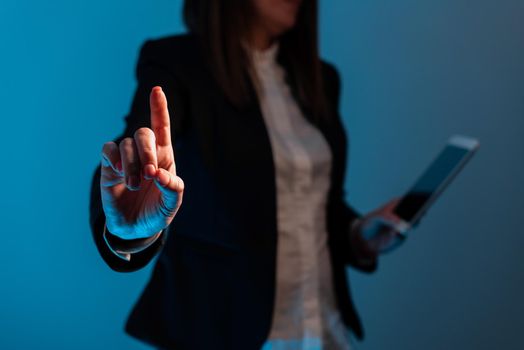 Businesswoman Holding Phone And Pointing With One Finger On Important News.