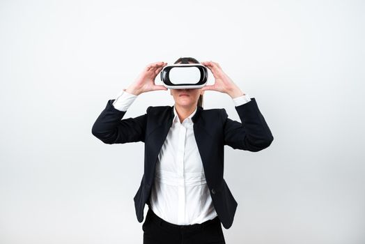 Standing Woman Wearing Vr Glasses Presenting Important Messages.