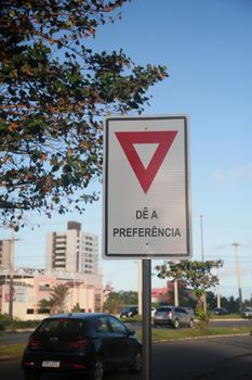 salvador, bahia, brazil - july 19, 2022: traffic signs indicative of give the preference on a street in the city of Salvador