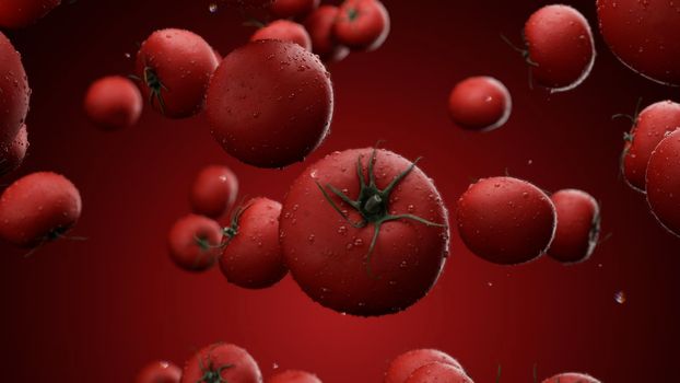 3d rendering Falling tomatoes with water drops on a red background 4K