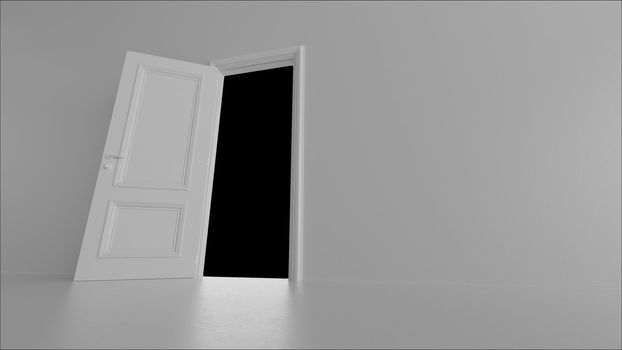 3d render open door in a bright room on a black background 4k