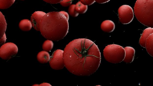 3d rendering Falling tomatoes with water drops 4K