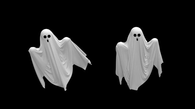 3d render Flying cartoon white Ghost on a black background 4k