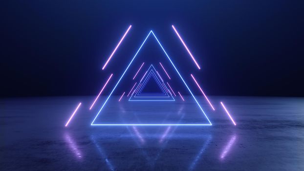 3d render abstract Neon lines triangles tunnel 4k