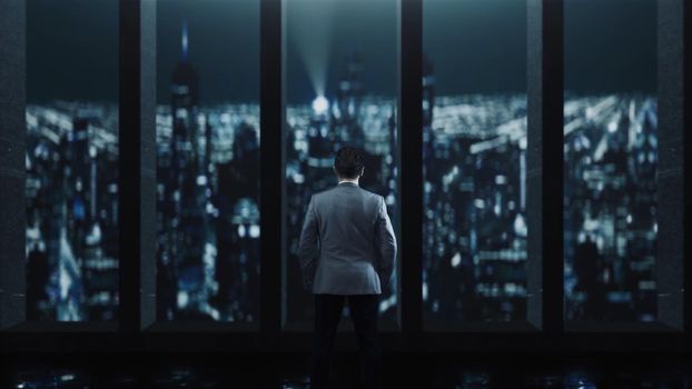 3D rendering male businessman lonely looking at the night city 4k