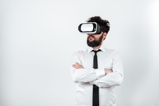 Standig Man With Crossed Arms Having Vr Glasses Presenting Important Ideas.