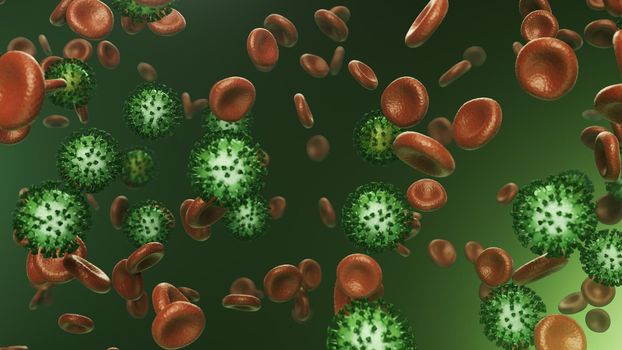 3d render red blood cells flying with coronavirus in 4k