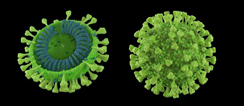 3d render green coronavirus on a black background in 5k