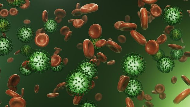 3d render red blood cells flying with coronavirus in 4k