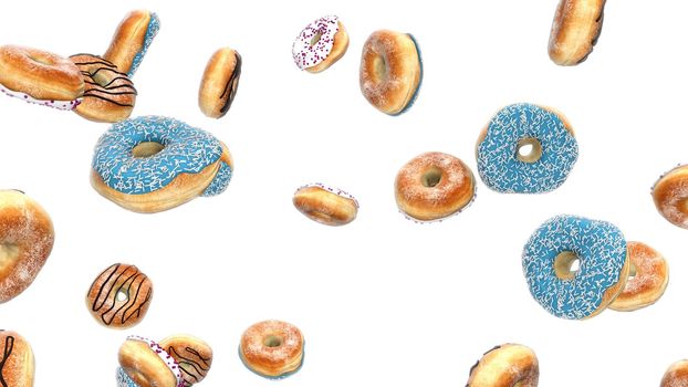 3d render Falling donuts with on a white background 4K