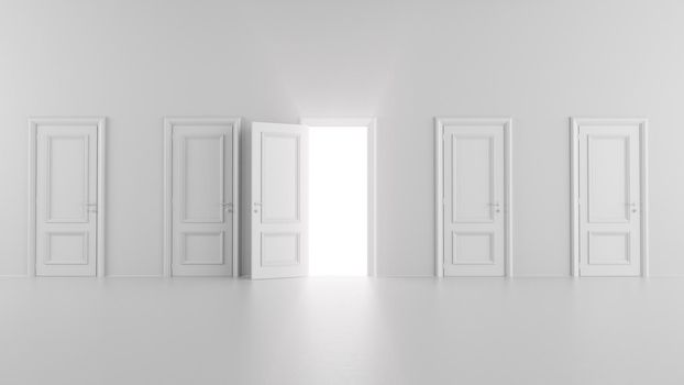 3d render shining open door among several doors in a bright room 4k