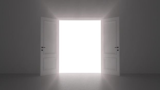 3d render open door shine in dark room 4k