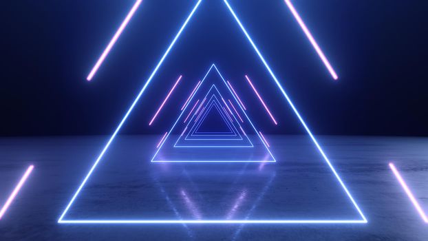 3d render abstract Neon lines triangles tunnel 4k