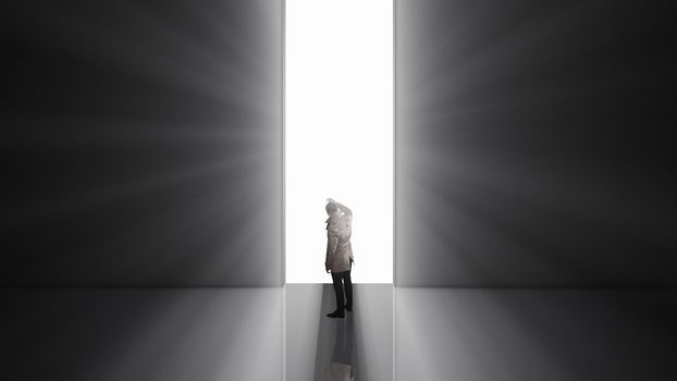 3D rendering Lonely man standing in front of the huge gate 4k