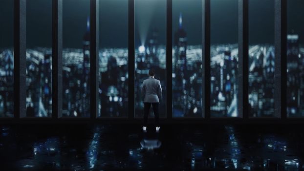 male businessman lonely looking at the night city 4k