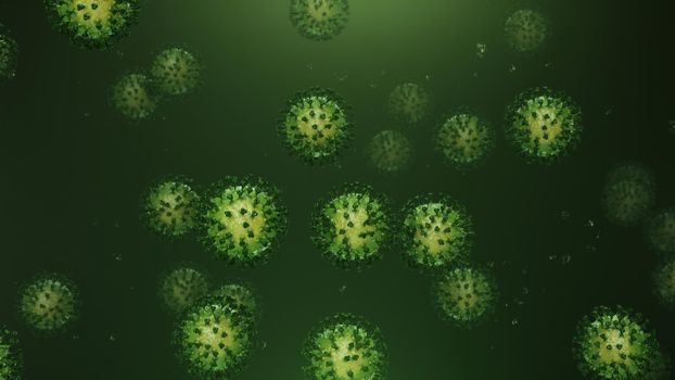 3d rendering flying green coronavirus with particles in 4k