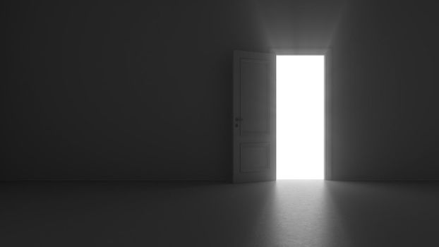 3d render open door shine in dark room 4k