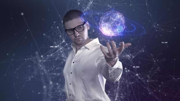 A male scientist in a white shirt holds an abstract ball in his hands against a background of plexus 4k