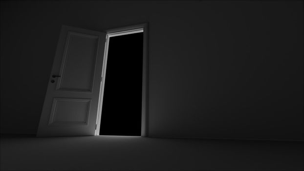 3d render open door in dark room on a black background 4k