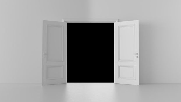 3d render open door in a bright room on a black background 4k