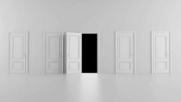 3d render open door among several doors in a bright room on a black backround